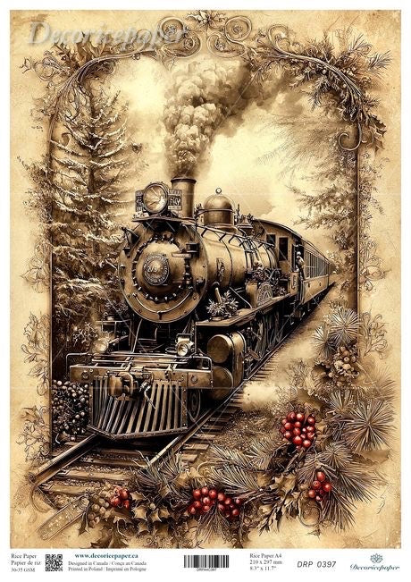 Vintage-style steam locomotive illustration on rice paper with decorative elements on a textured background