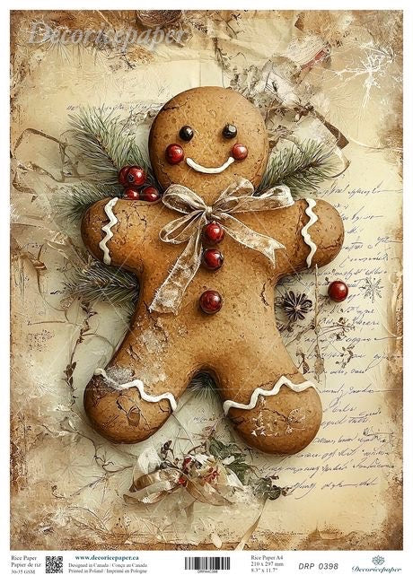 Happy gingerbread man illustration on rice paper with a bow on a textured background