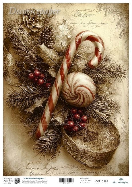 Decorative Christmas illustration on rice paper featuring candy canes, pine cones, and berries on a textured background