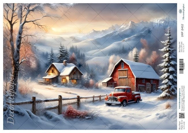A winter landscape art print showing snow-covered cabins, bare tree branches, a red truck, and a warm glowing doorway, with Decoricepaper branding and product text along the bottom.