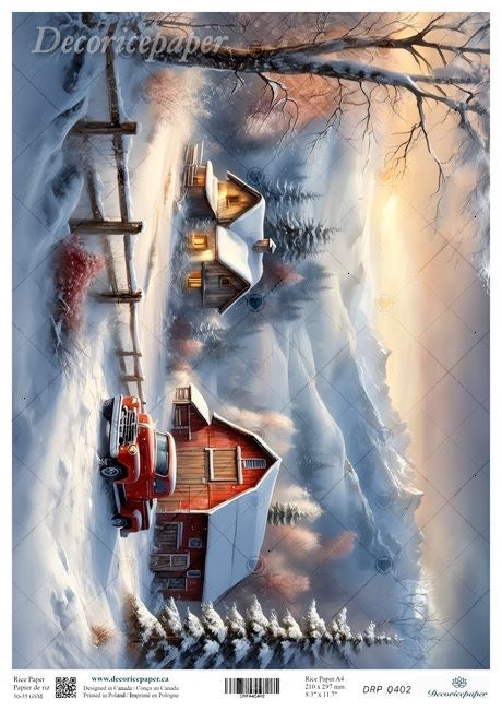 A winter landscape art print showing snow-covered cabins, bare tree branches, a red truck, and a warm glowing doorway, with Decoricepaper branding and product text along the bottom.