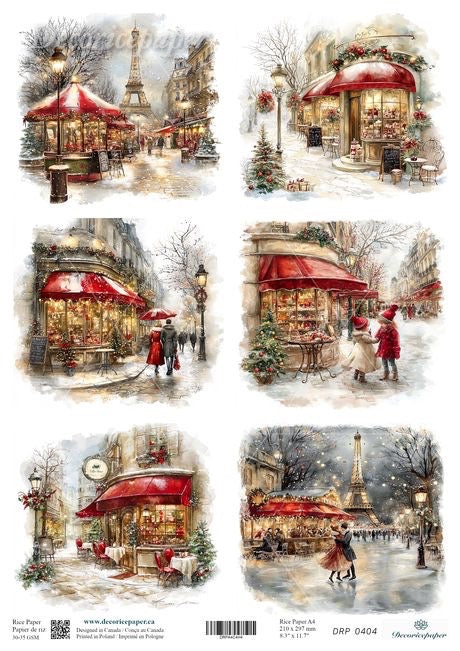 A sheet of decorative paper featuring six watercolor-style winter Paris street scenes with red cafe awnings, snow, lampposts, and the Eiffel Tower. 
