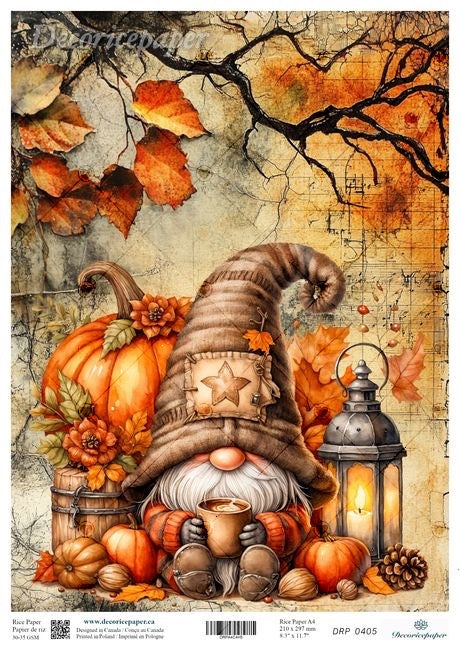 Autumn-themed gnome with pumpkins, lantern, and leaves on a textured background