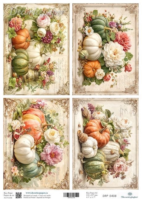 Set of four decorative panels on rice paper featuring pumpkins and flowers on a vintage-style background