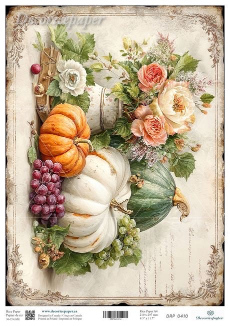 A vintage-style autumn still life print featuring pumpkins, grapes, flowers, and leaves arranged in a decorative border. The artwork includes orange and white pumpkins, green and purple grapes, and peach and cream flowers on an aged cream background.