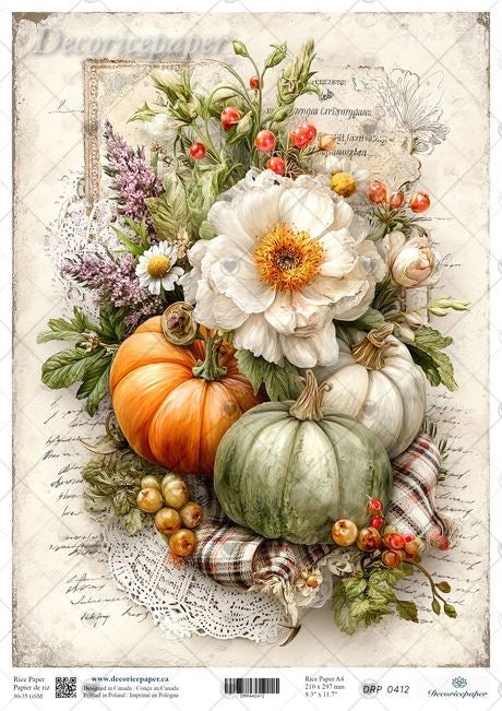 A vintage-style autumn floral and pumpkin illustration featuring orange and green pumpkins, large white and cream flowers, berries, leaves, and a plaid ribbon on an aged paper background. 