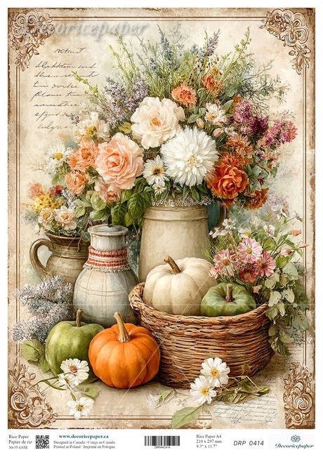 A vintage-style autumn floral still life print featuring a large bouquet of white, peach, orange, and purple flowers in rustic ceramic pitchers and a wicker basket with pumpkins and greenery, framed by an ornate aged-paper border.