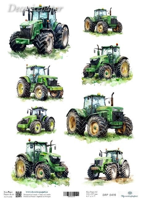 A sheet of watercolor-style tractor illustrations on a white background, showing multiple green tractors in different angles.
