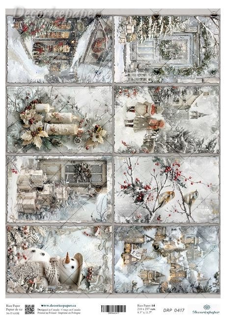A sheet of decorative rice paper paper featuring a winter village scene with snow-covered houses, snowman figures, birds, and floral details.