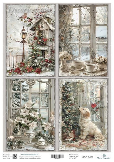 Decorative scenes on rice paper with a dog, Christmas tree, and vintage elements through a window.