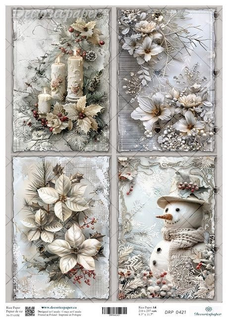 A sheet of decorative rice paper paper featuring four winter-themed panels with cream poinsettias, candles, snowflakes, a snowman wearing a hat, and floral arrangements in a vintage, distressed aesthetic.