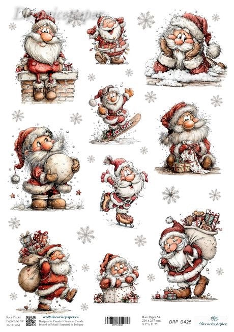 A sheet of Christmas-themed decoupage paper featuring multiple illustrations of Santa Claus in various playful poses, including sitting on a chimney, snowboarding, sledding, and carrying gifts and a sack.
