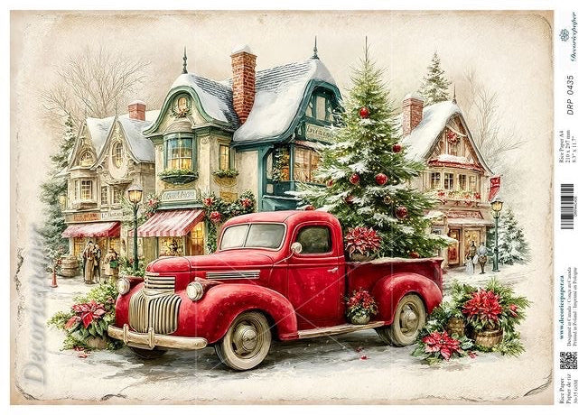 Vintage red truck with Christmas tree on rice paper in a snowy village scene