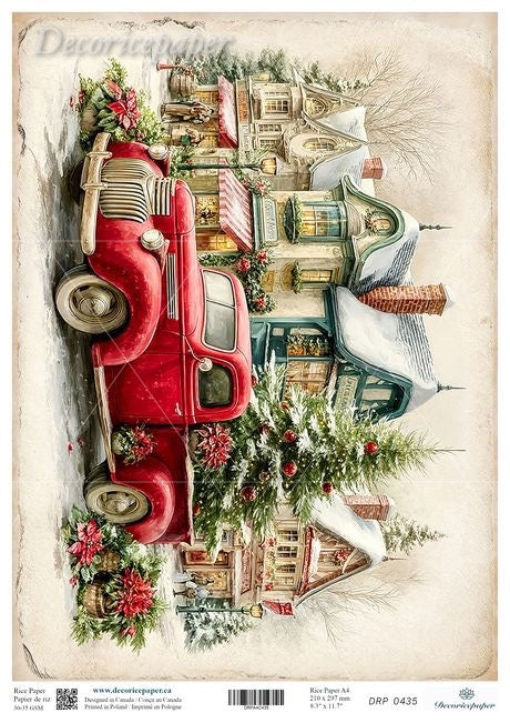Vintage red truck with Christmas tree on rice paper in a snowy village scene