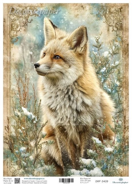 Red fox standing in a snowy forest with decorative elements