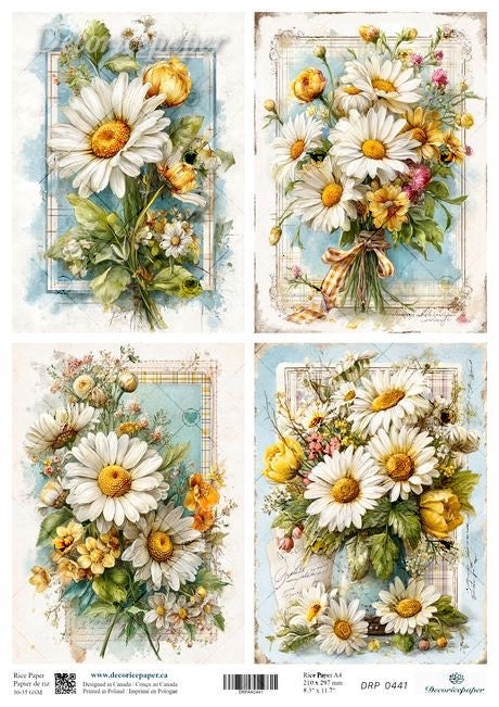Set of four floral designs with daisies and other flowers on a decorative paper sheet.