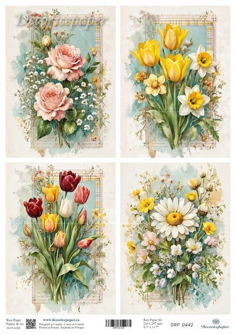 Set of four floral designs with roses, tulips, daisies, and other flowers