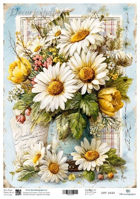 Decorative paper sheet with a floral design featuring daisies and other flowers.