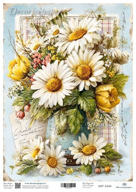 Decorative paper sheet with a floral design featuring daisies and other flowers.