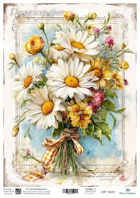 Floral design with daisies and other flowers on a decorative paper sheet.