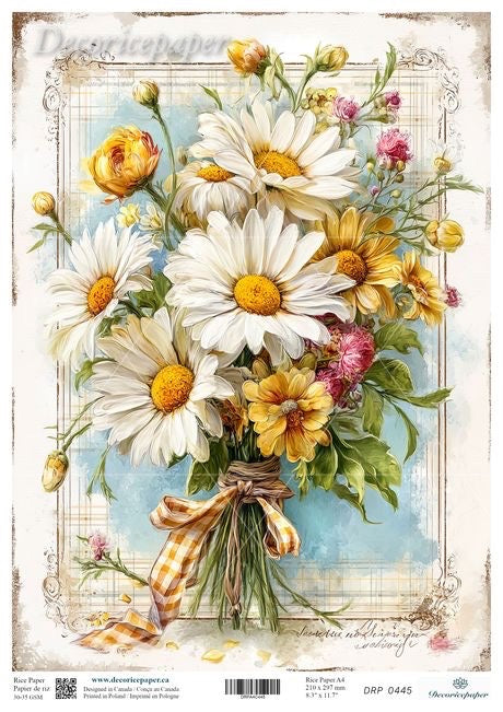 Floral design with daisies and other flowers on a decorative paper sheet.