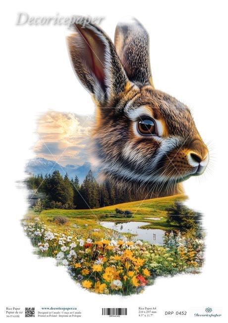 Hare with a scenic background of mountains and flowers