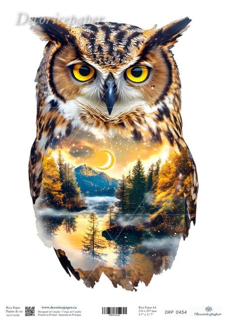 Owl with a forest and moon reflection design on a white background