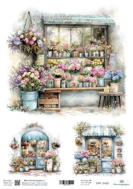 Illustration of a quaint flower shop with flowers and pots.