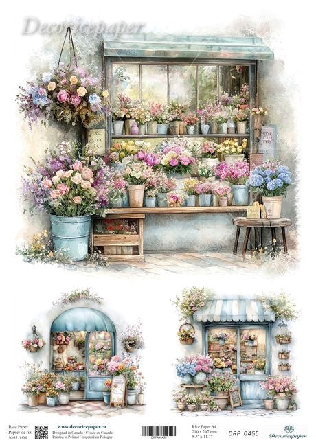 Illustration of a quaint flower shop with flowers and pots.