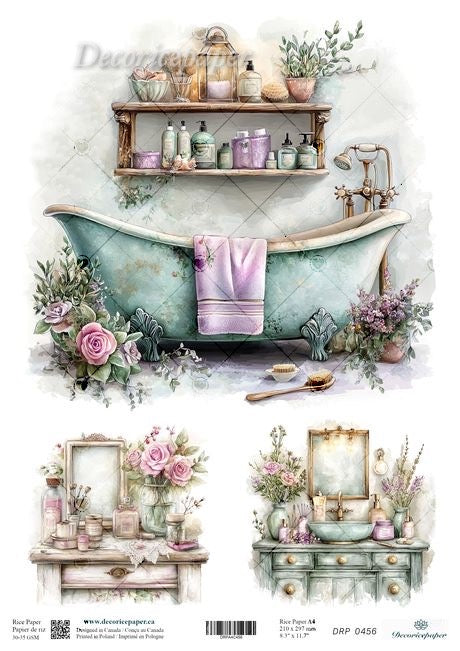Vintage-style bathroom scene with bathtub, shelves, and decorative elements.