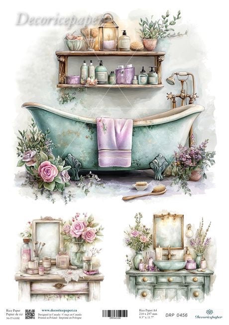 Vintage-style bathroom scene with bathtub, shelves, and decorative elements.