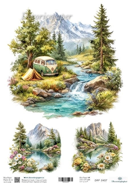 Scenic design with a camper van, trees, and mountains on a white background