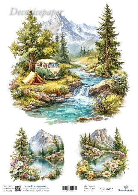 Scenic design with a camper van, trees, and mountains on a white background