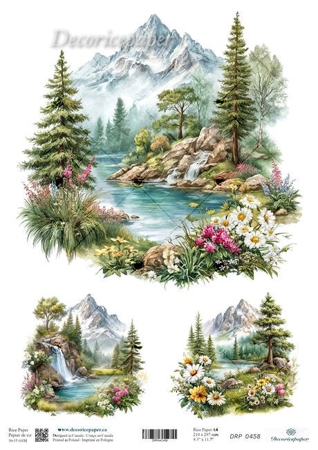 Scenic landscape with mountains, trees, and flowers on a white background