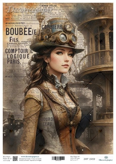 Steampunk-themed illustration of a woman in a top hat with a vintage cityscape background.