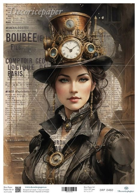 Steampunk-themed artwork with a person wearing a detailed hat and goggles against a vintage newspaper background.