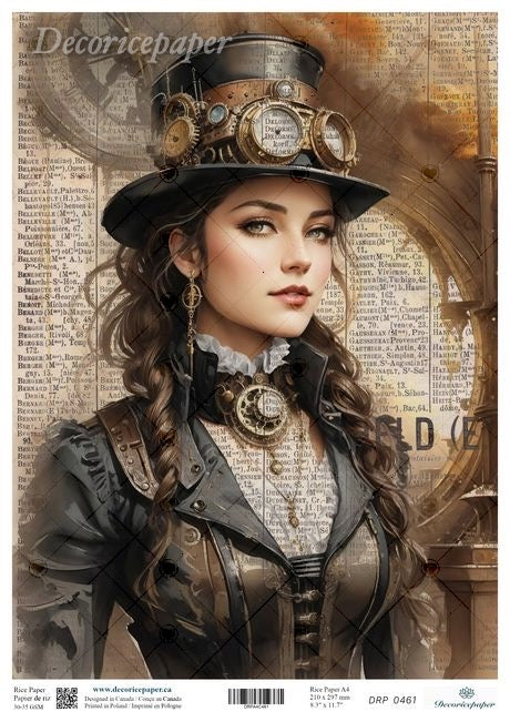 Steampunk-themed poster with a woman in a detailed outfit against a vintage newspaper background.