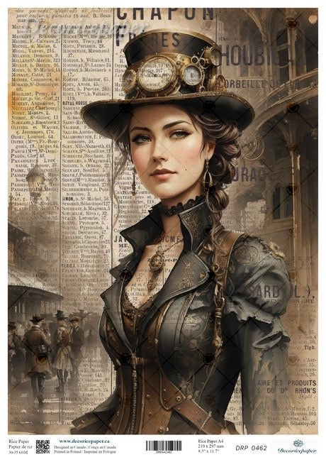 Steampunk-themed illustration of a woman with intricate hat and clothing against a newspaper background.