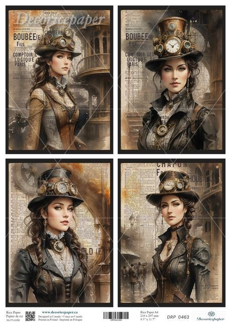 Set of four Steampunk-themed illustrations of a woman with intricate clothing and hats on a newspaper background.