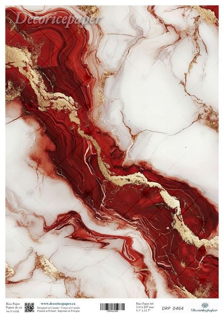 Marble-like paper with red, white, and gold patterns
