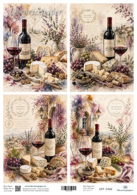 Collage of vintage-style wine-themed illustrations, each showing wine bottles, glasses of red wine, grapes, cheese, bread, and floral arrangements on a soft beige background. 