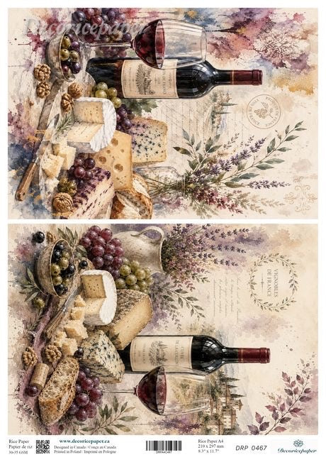 A vintage-style wine and cheese collage print or card design showing two arranged still life scenes with wine bottles, grapes, cheese wedges, olives, bread, and floral watercolor accents on a parchment-like background. 