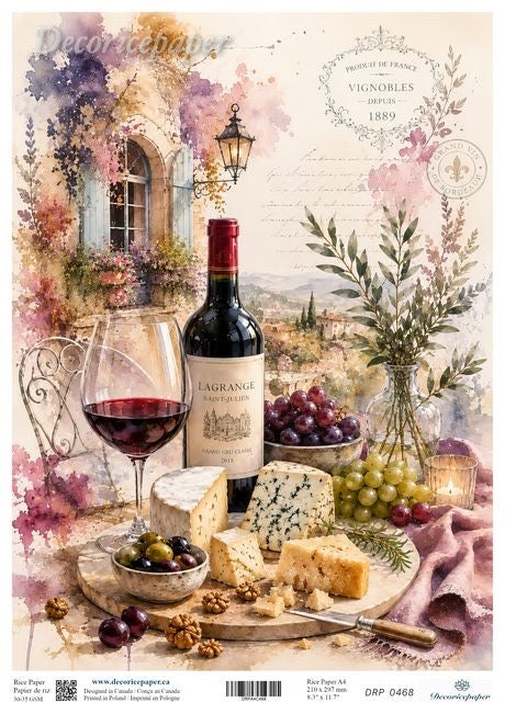 A decorative printed card or paper design featuring a watercolor-style still life of a wine bottle, filled wine glass, grapes, cheese, olives, nuts, and floral scenery.