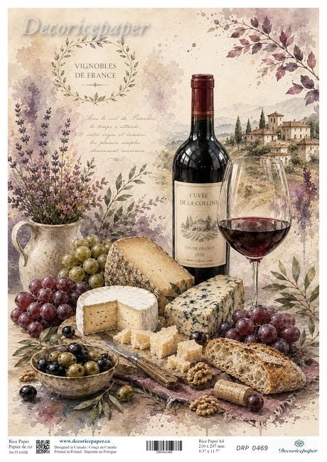 A vintage-style illustrated still life featuring a bottle of red wine, a filled wine glass, grapes, cheese, bread, olives, and flowers arranged around a table, with a wine landscape in the background.