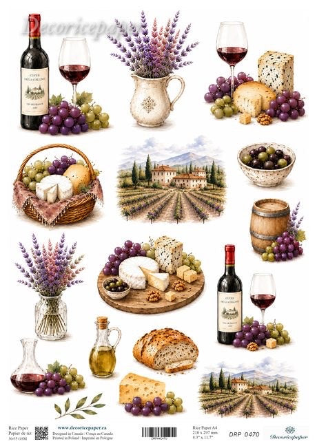 A sheet of decorative paper featuring multiple wine-themed illustrations and food scenes, including bottles of red wine, glasses, grapes, cheese, bread, lavender, baskets, barrels, and small landscape vineyard paintings, arranged on a white background.