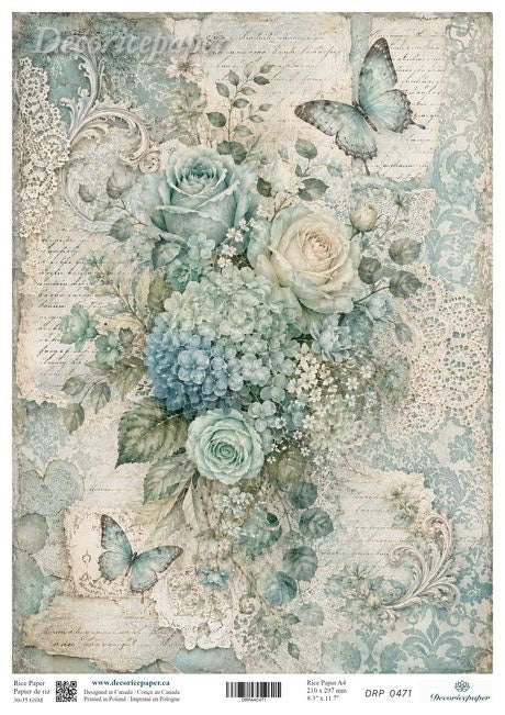 A vintage-style floral paper design featuring watercolor roses and hydrangeas in soft blue, teal, cream, and sage tones, with butterflies, lace motifs, cursive script, and aged paper textures. 