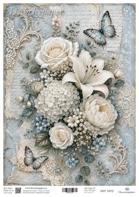 A decorative floral art print design featuring cream and white roses, lilies, hydrangea-like clusters, blue butterflies, lace motifs, and a soft blue-gray vintage background with script text.