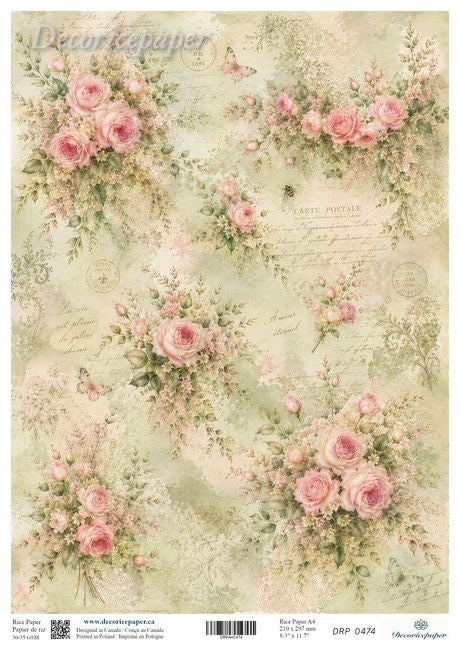 A sheet of decorative paper featuring a vintage floral design with pink roses, green foliage, and soft beige background details.