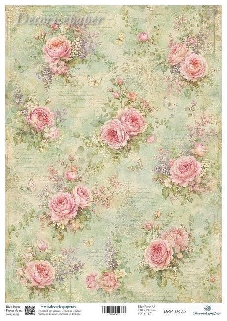 A sheet of decorative paper featuring a vintage floral pattern with pink roses, green leaves, and butterflies on a distressed light green background. 