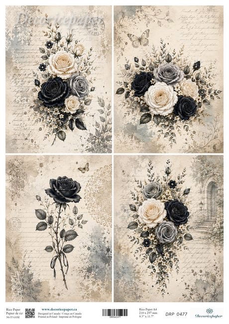 A sheet of decorative paper featuring four vintage-style floral panels with roses, leaves, butterflies, script text, and distressed beige backgrounds. 